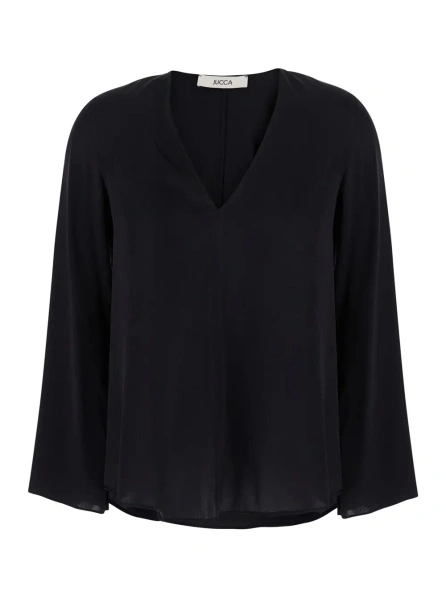 Camasa Black V-Neck Top in Silk for Women