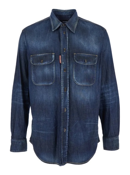 Camasa Blue Shirt with Pointed Collar and Elbow Patches in Denim Man