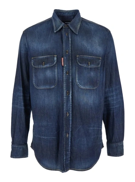 Camasa Blue Shirt with Pointed Collar and Elbow Patches in Denim Man