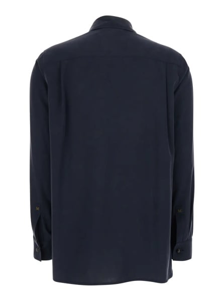 Camasa Blue Silk Lon-Sleeved Shirt with Applied Pocket in Silk for Women