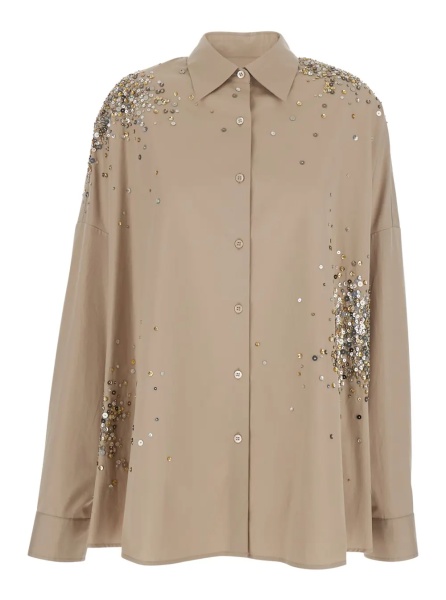 Camasa 'Casia' Beige Shirt with Classic Collar and All-Over Rhinestone Embroidery in Cotton Woman