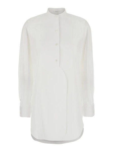 Camasa 'Evette' White Shirt with Mandarin collar and curved hem in cotton for women
