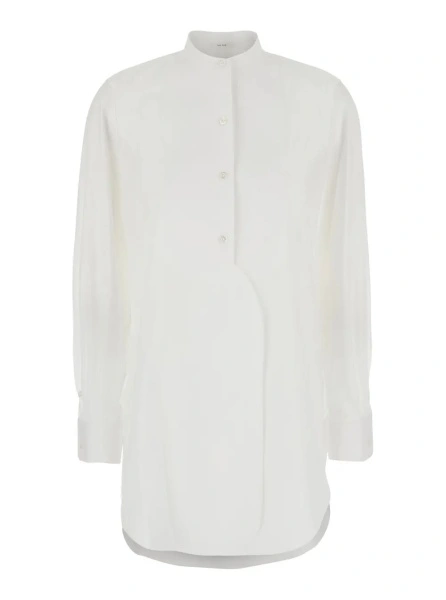 Camasa 'Evette' White Shirt with Mandarin collar and curved hem in cotton for women