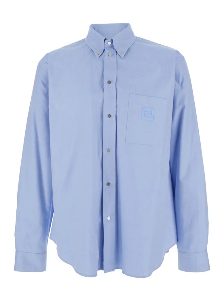 Camasa Light Blue Button-Down Collar Shirt with FF Embroidery on Front in Cotton for Men