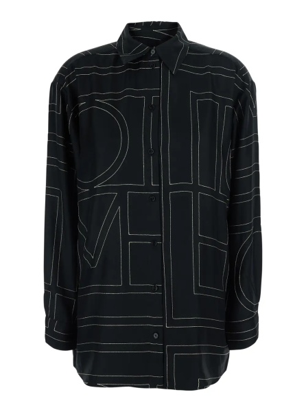Camasa TOTÊME Black Shirt with classic collar and all-over monogram embroidery in silk for women