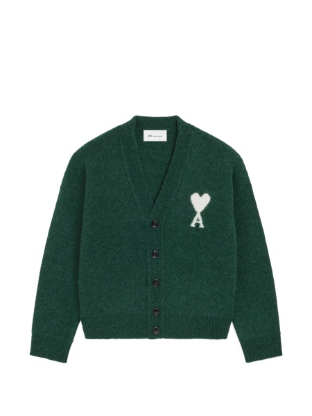 Cardigan AMI Paris ami de coeur verde din alpaca si poliamida