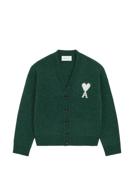 Cardigan AMI Paris ami de coeur verde din alpaca si poliamida