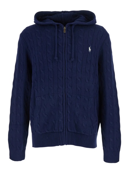 Cardigan Blue Hooded Cardigan with Drawstring Hood and Pony Patch on the Front in Cotton for Men