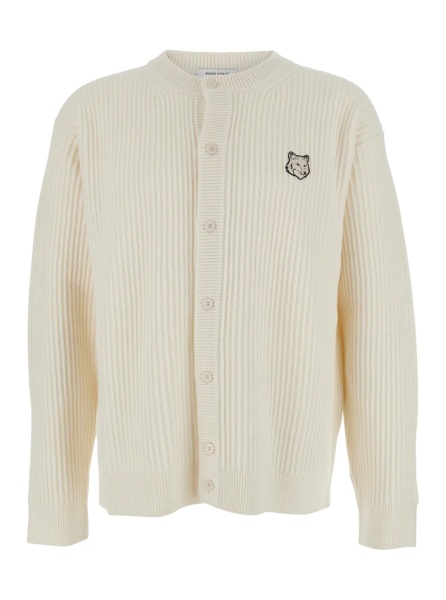 Cardigan MAISON KITSUNÉ Beige Ribbed Knit Crewneck Cardigan with Logo Embroidery on the Front in Wool Man