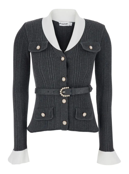 Cardigan Self-Portrait gri din bumbac