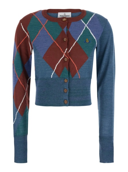 Cardigane blue crop cardigan with Argyle motif and embroidered logo on the front in wool Women