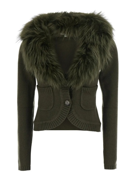 Cardigane Cardigan with removable fox fur collar and green wool and cashmere for men