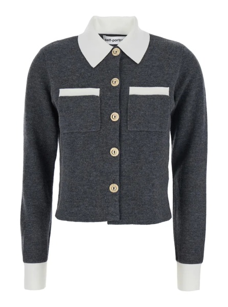 Cardigane Grey Cropped Cardigan with Contrasting Classic Collar and Two Front Patch Pockets in Wool Blend Woman