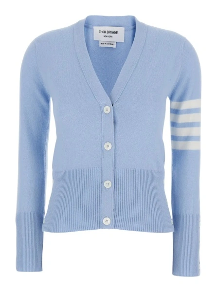 Cardigane Light Blue Cardigan with V-neck and 4Bar Logo on Sleeve in Cashmere for Women