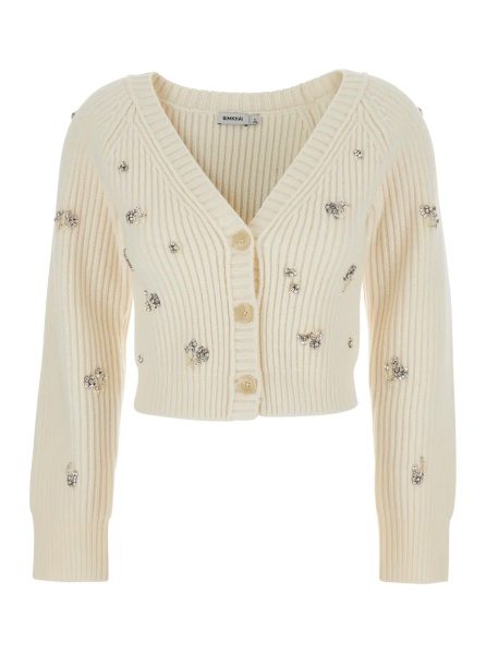 Cardigane 'Novah' White Cropped Rhinestoned Cardigan with V Neck in Wool and Cashmere Woman