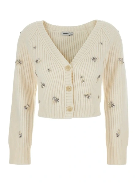 Cardigane 'Novah' White Cropped Rhinestoned Cardigan with V Neck in Wool and Cashmere Woman