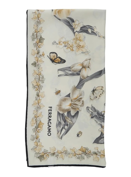 Esarfa Beige Scarf with all-over Floral Print in Silk for Women