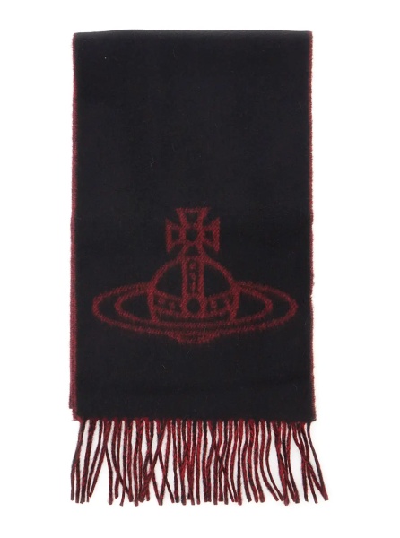 Esarfa black Scarf with logo on the front and fringed edges in wool for women