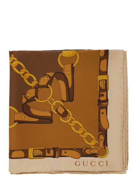 Esarfa Brown Square Scarf with Chain Print and Logo Lettering in Silk for Women
