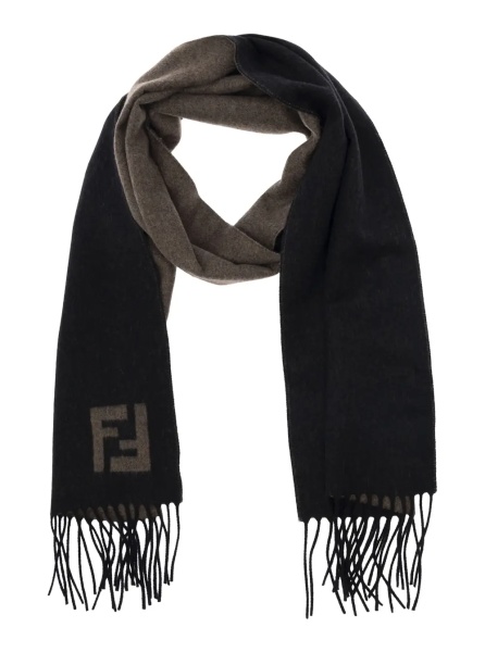 Esarfa Fringed Edge Scarf with FF Embroidery on Front in Black Wool and Cashmere for Men