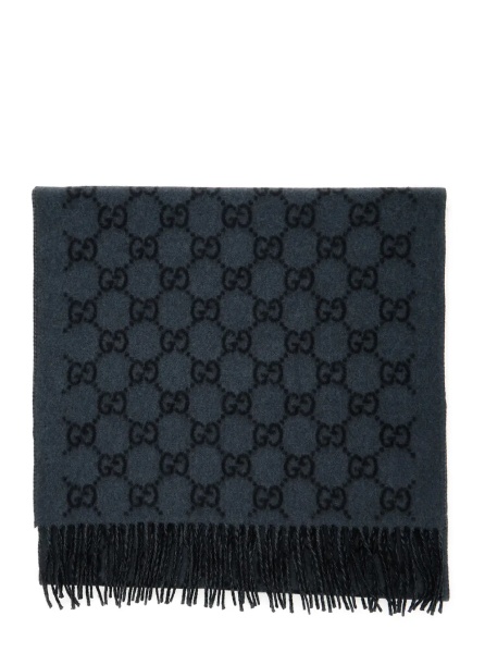 Esarfa Fringed Edge Scarf with GG Jacquard Motif in Gray Cashmere for Men