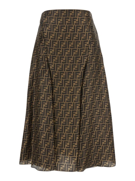 Fusta Brown Midi Flared Skirt with FF All-Over Motif in Silk for Women