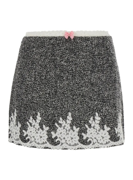 Fusta Gray mini skirt with lace trim and polyester and wool fabric, women