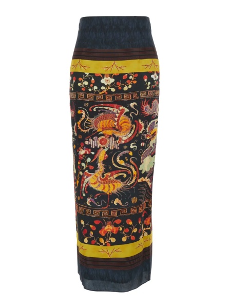 Fusta Long midi skirt with multicolored dragon and phoenix print for women