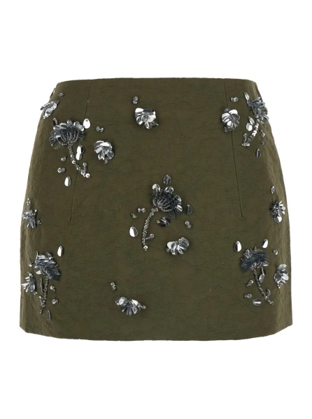 Fusta Mini Skirt OLIVE GREEN FLORAL EMBELLISHED with cotton and green woman