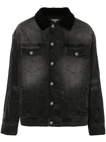 Geaca de blugi Balmain gri din polyester si lana
