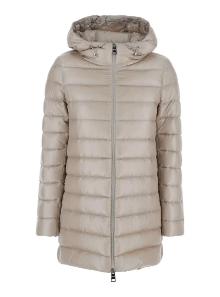 Geaca de Iarna Down jacket with hood and drawstring in tech fabric beige women