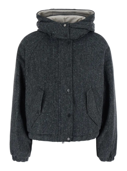 Geaca de Iarna Gray Down jacket with removable hood and button closure in wool blend for women