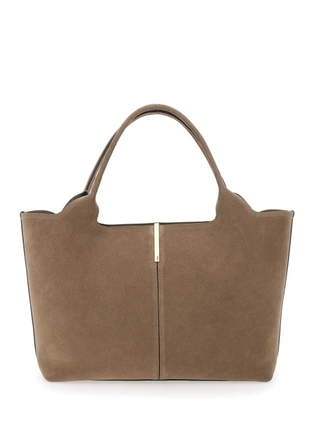 Geanta de mana Beige 'Ebr' Tote Bag with Logo Plate on the Front and Contrast Stitching in Suede for Women