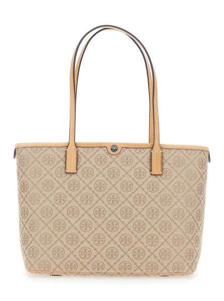 Geanta de mana Beige Small Tote Bag with All-Over Logo Monogram and Top Zip Closure in Canvas for Women