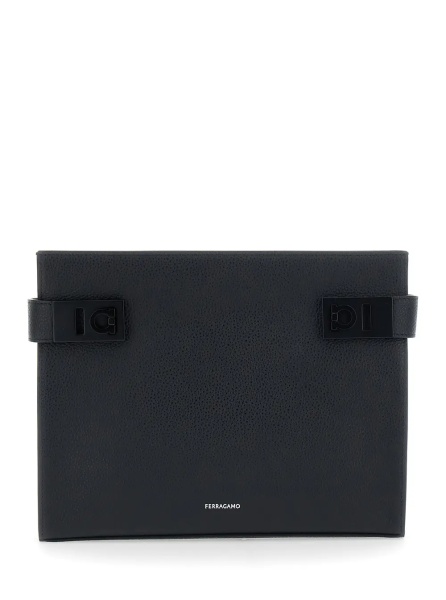Geanta de mana black Clutch with Hug side buckles and logo in leather for men