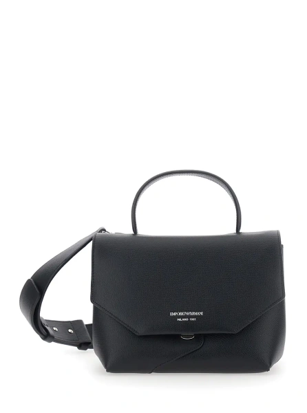 Geanta de mana Black handbag with adjustable and removable shoulder strap and Logo lettering on the front in leather for women