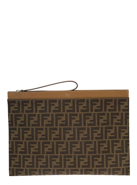 Geanta de mana Flat Pouch with Jacquard Motif in Brown Cotton Blend for Men