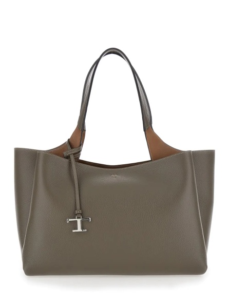 Geanta de mana Grey Medium handbag with T metal pendant in leather for women
