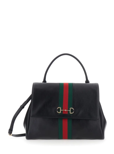 Geanta de mana 'Paparazzo' Black Large Handbag with Horsebit and Web Stripe on the Front in Leather for Women