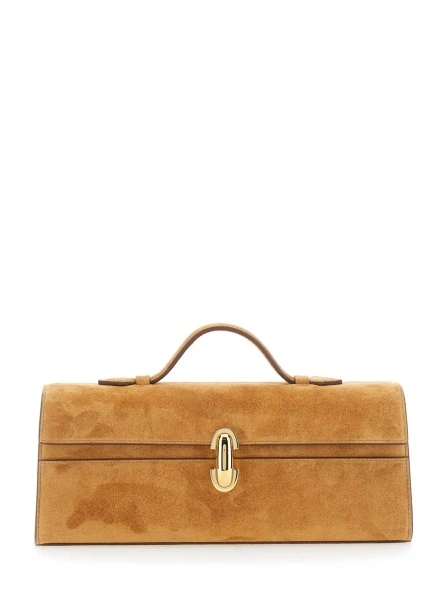 Geanta de mana 'Symmetry' Brown Slim Handbag with Top Handle and Turnlock Closure in Suede for Women