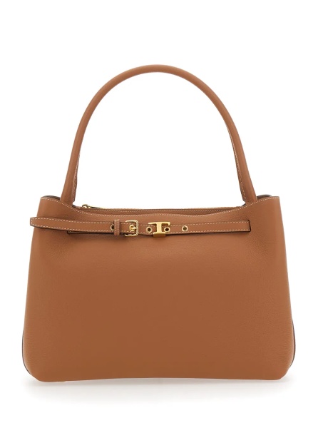 Geanta de mana 'T-String' Brown Handbag with Adjustable and Removable Shoulder Strap and Buckled Belt Detail on the Front in Grained Leather Woman