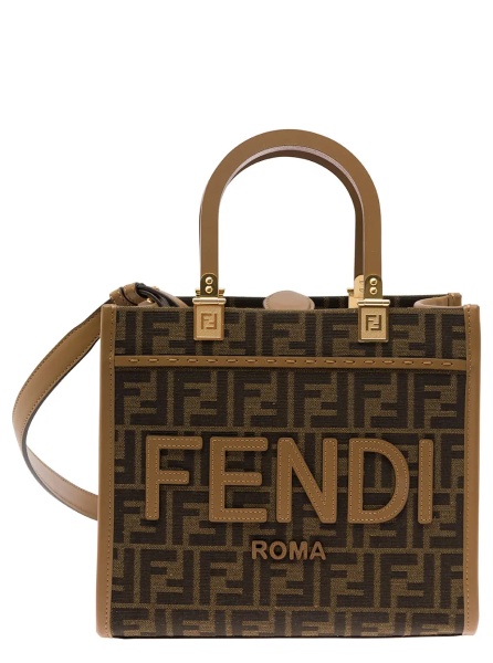 Geanta de mana Tote bag 'Piccola Sunshine' with FF Jacquard Fabric and Brown Leather for Women