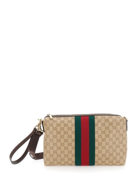 Geanta de umar beige Crossbody bag with all-over GG motif and Web detail in fabric and leather men