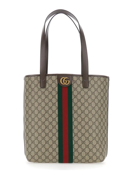 Geanta de umar Beige Shoulder Bag 'Ophidia' with GG Plate on the Front and Web Detail in GG Supreme Fabric and Leather for Men