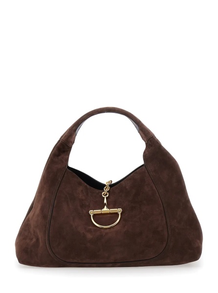 Geanta de umar Brown Shoulder Bag 'Softbit Large' with Horsebit Closure in Suede for Women