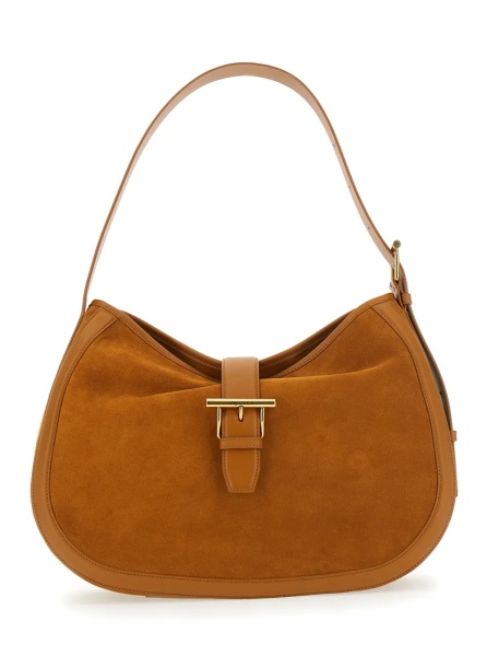 Geanta de umar Brown Shoulder Bag with Adjustable Shoulder Strap and T Buckle Closure on the Front in Suede Woman