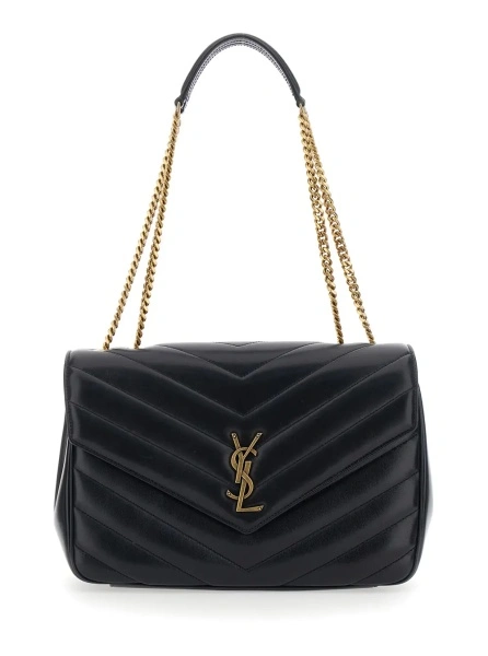 Geanta de umar Crossbody bag 'Loulou' Large with Sliding Chain Strap and Cassandre Plaque on Front in Black Leather for Women