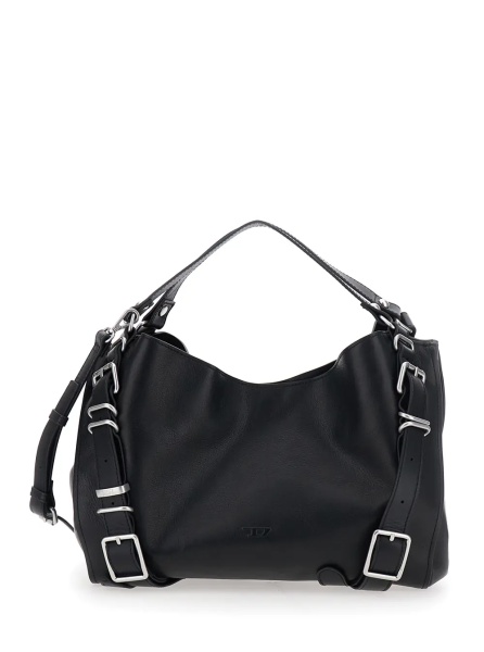 Geanta de umar 'D-One' Black Shoulder bag with logo on the front and decorative straps with buckles in leather for women