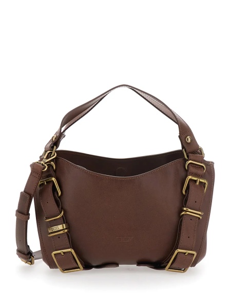 Geanta de umar 'D-One' Brown Shoulder bag with logo on the front and decorative straps with buckles in leather for women