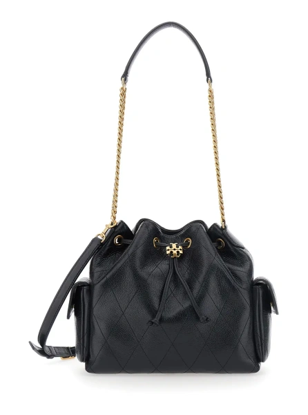 Geanta de umar Shoulder bag 'Charlie' with Drawstring Closure and Logo Plate on Front in Black Leather for Women
